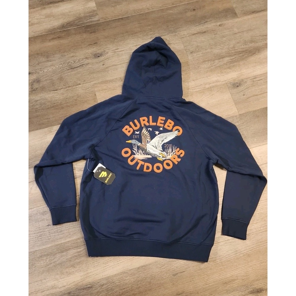 BURLEBO Men's Midweight Fleece Hoodie Sweatshirt size L Navy Blue Hunting Duck